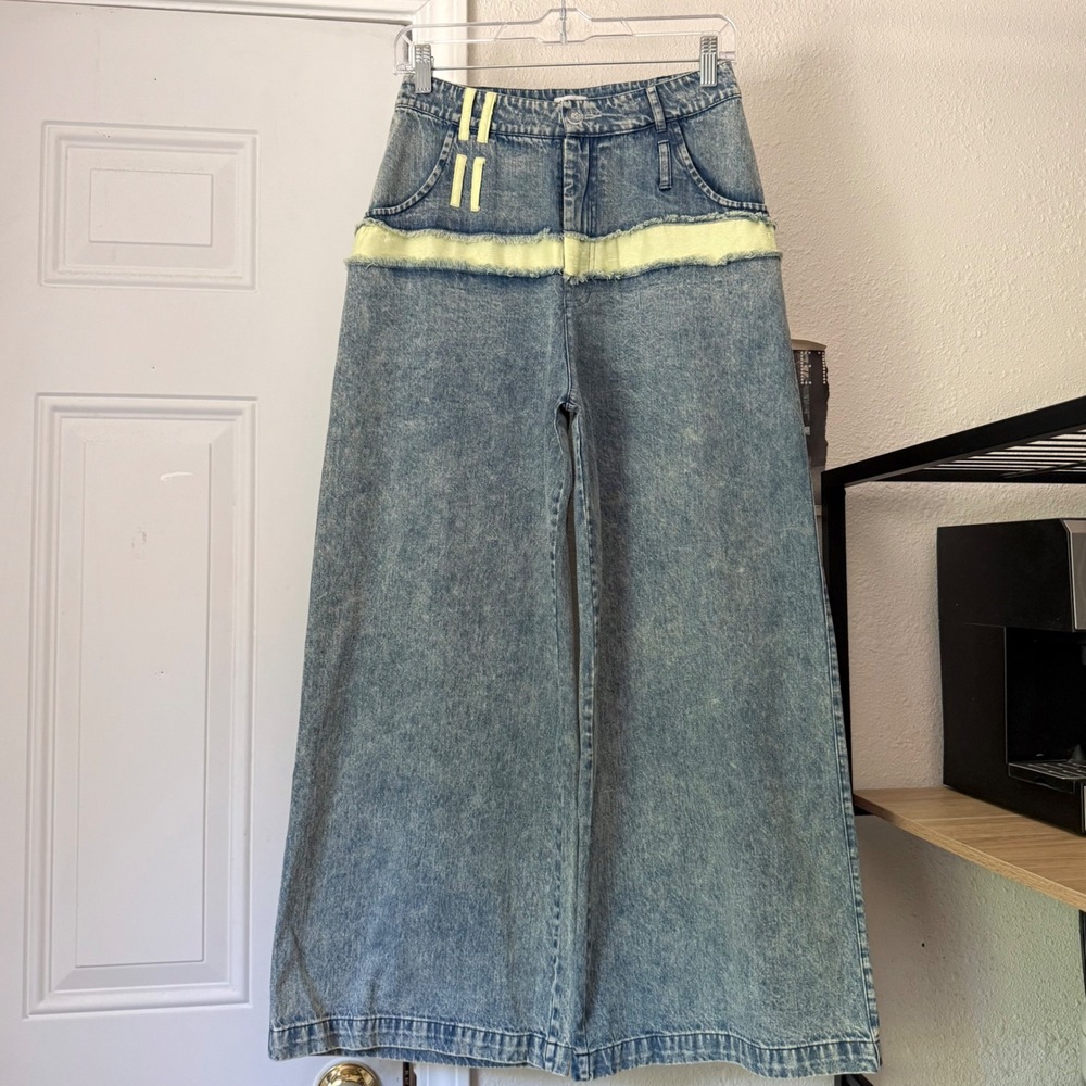 DAWANG blue stone acid wash logo contrast high rise distressed wide leg jeans